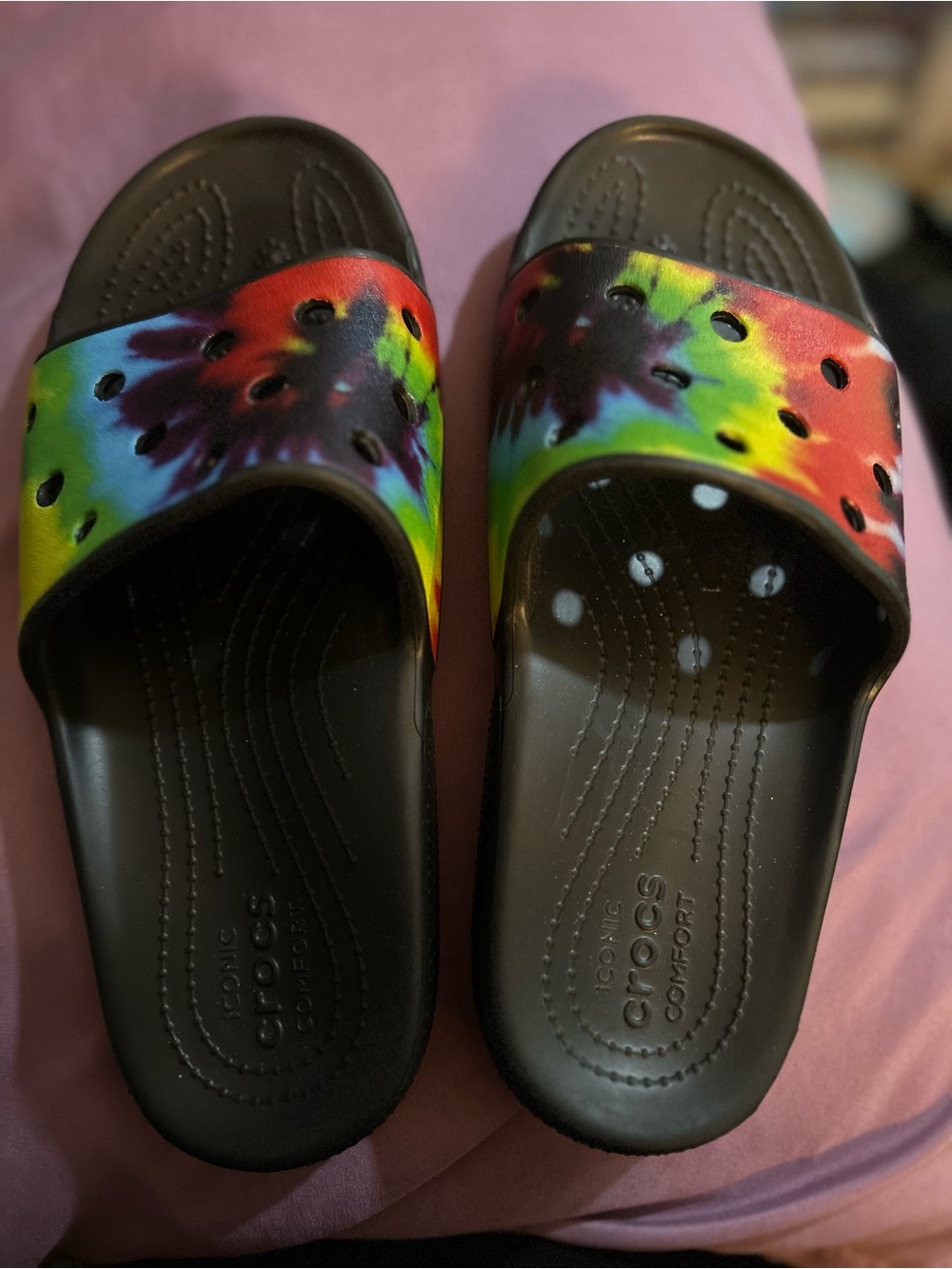 CROCS Black Slide Sandals with Rainbow Tie-Dye Strap